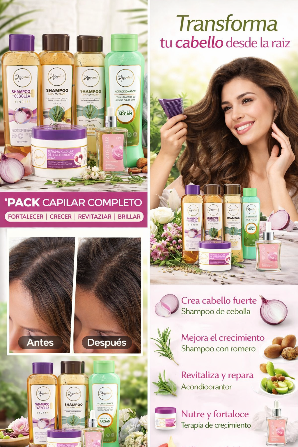 Kit Completo de Crecimiento y Vitalidad Anyeluz: Cebolla, Biotina y Argán. ENVÍO GRATIS