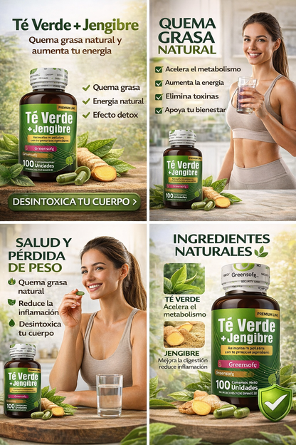 Té Verde + Jengibre en Cápsulas | Quemador de Grasa Natural, Detox y Energía | 100 Unidades. ENVÍO GRATIS