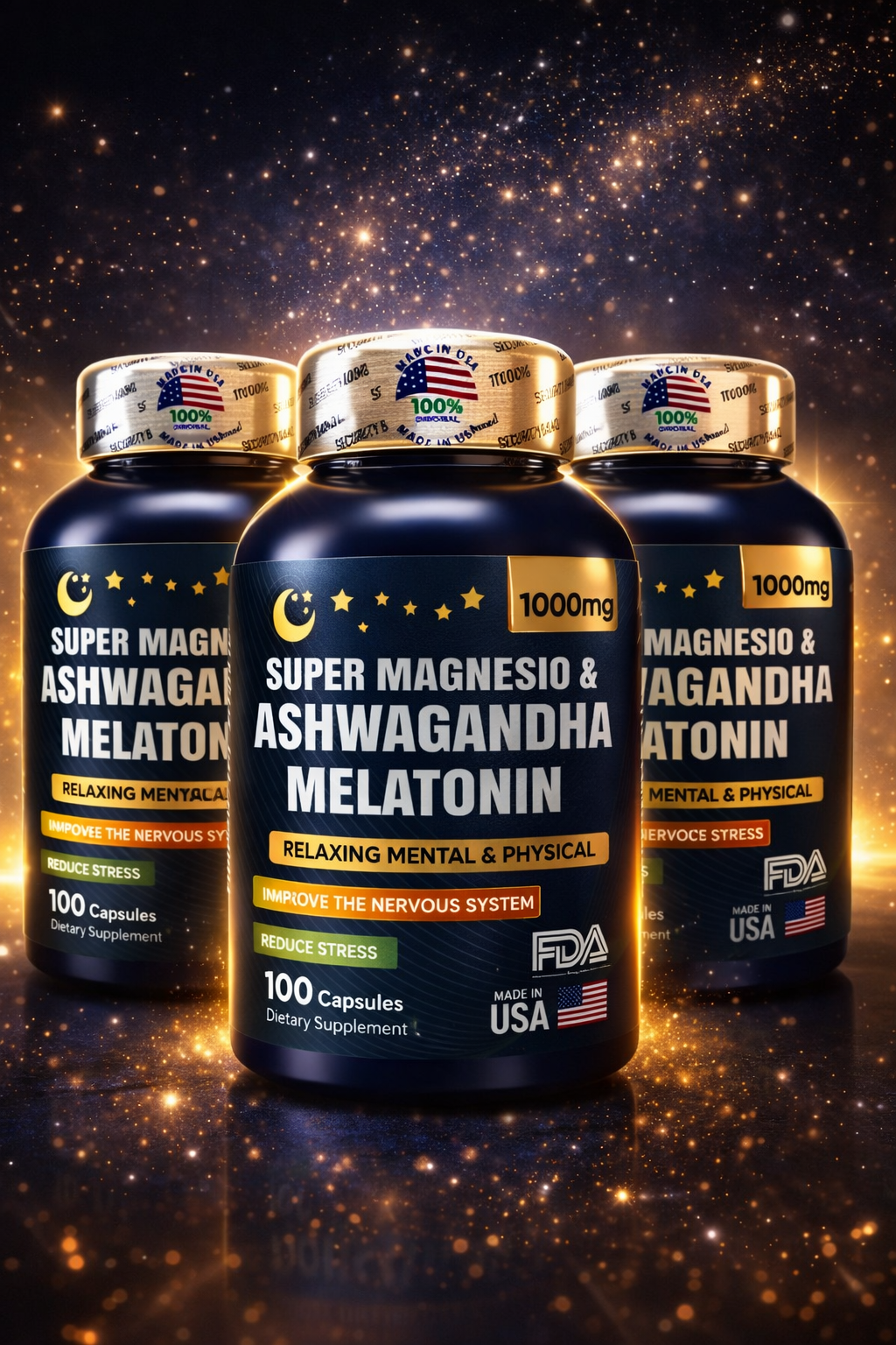 Magnesio + Ashwagandha + Melatonina 1000mg | Reduce Estrés, Mejora el Sueño y Relajación Natural | x 3 Unidades de 100 Cápsulas C/U. ENVÍO GRATIS