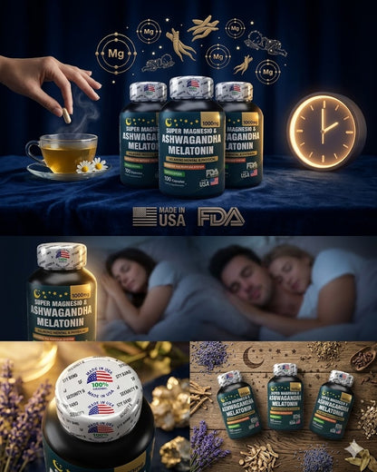 Magnesio + Ashwagandha + Melatonina 1000mg | Reduce Estrés, Mejora el Sueño y Relajación Natural | x 3 Unidades de 100 Cápsulas C/U. ENVÍO GRATIS