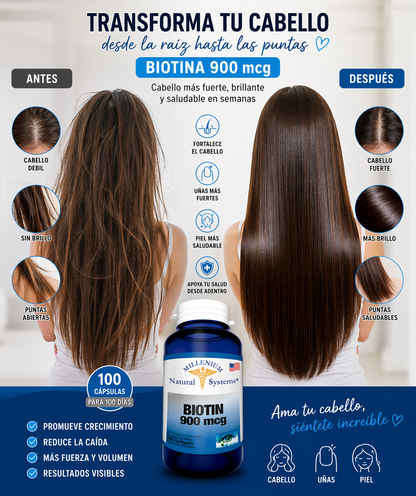 Biotina 900 mcg Millennium Natural Systems | Cabello, Piel y Uñas | 100 Cápsulas. ENVÍO GRATIS
