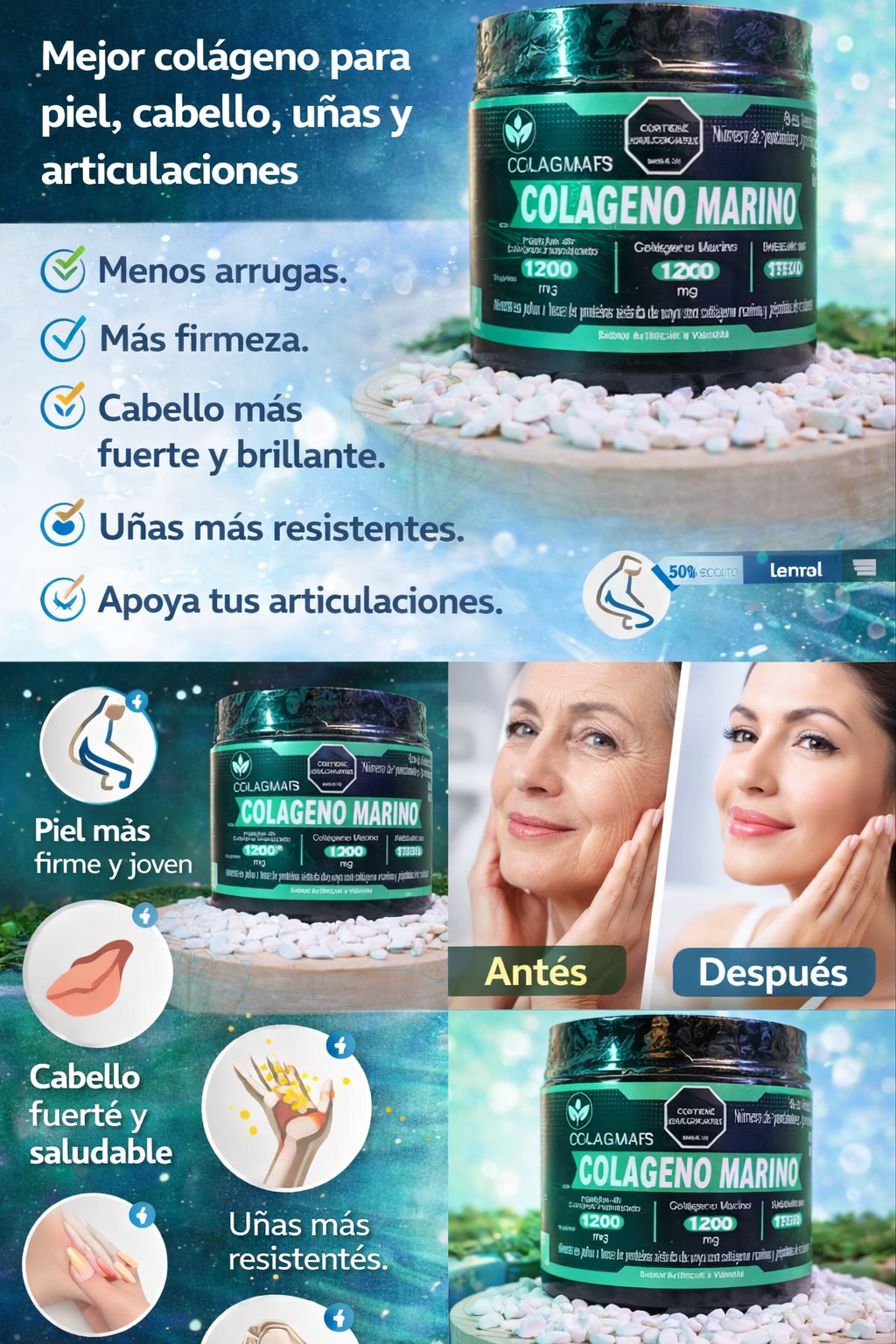 Colágeno Marino Hidrolizado 1200 mg | Piel, Cabello, Uñas y Articulaciones + Antiedad Natural. ENVÍO GRATIS