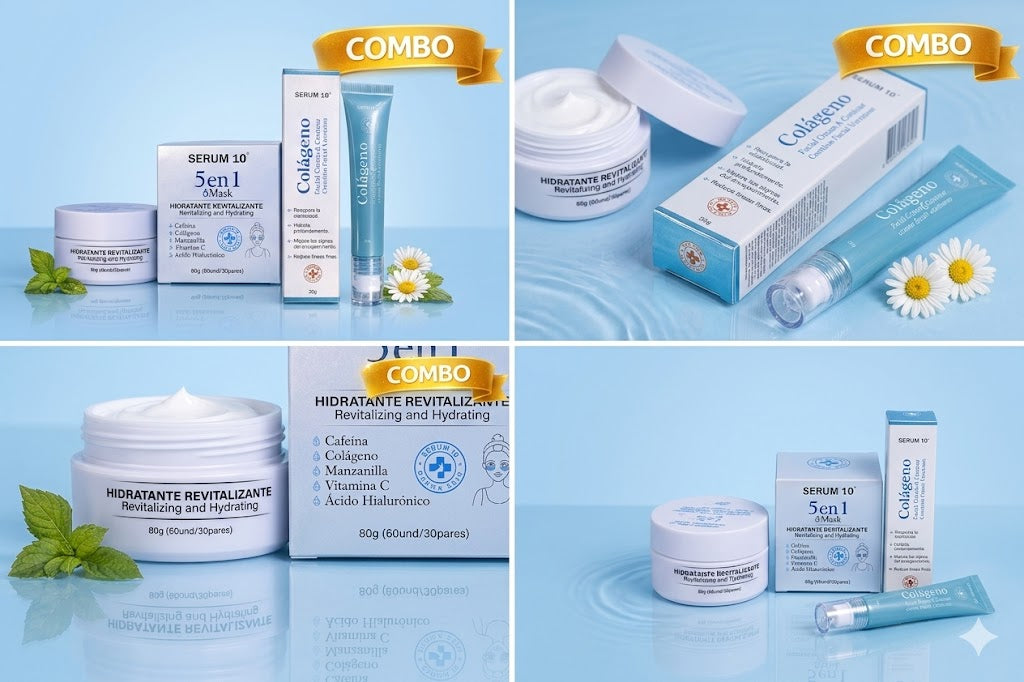 Combo Facial Hidratante y Reafirmante 5 en 1 + Contorno de Ojos con Colágeno | Anti Edad, Hidratación y Glow. ENVÍO GRATIS