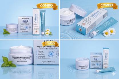 Combo Facial Hidratante y Reafirmante 5 en 1 + Contorno de Ojos con Colágeno | Anti Edad, Hidratación y Glow. ENVÍO GRATIS