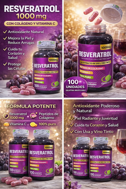 Resveratrol 1000 mg con Colágeno y Vitamina C | Antioxidante Natural | X 2 Unidades de 100 cap. C/U . ENVÍO GRATIS