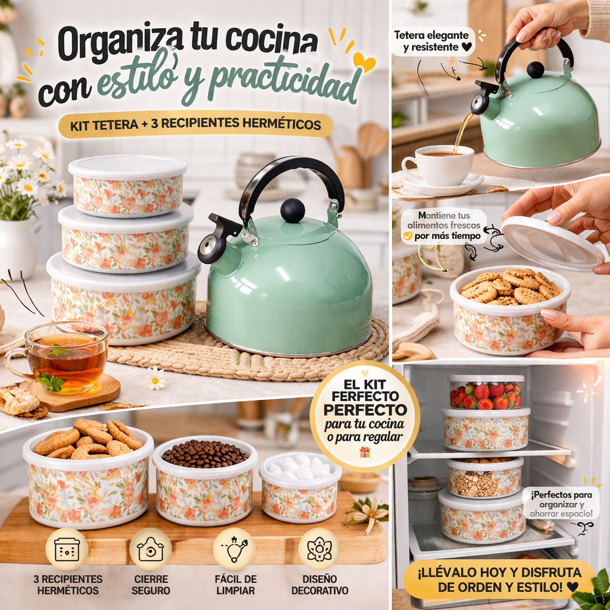 KIT TETERA + 3 RECIPIENTES HERMETICOS.  ENVÍO GRATIS