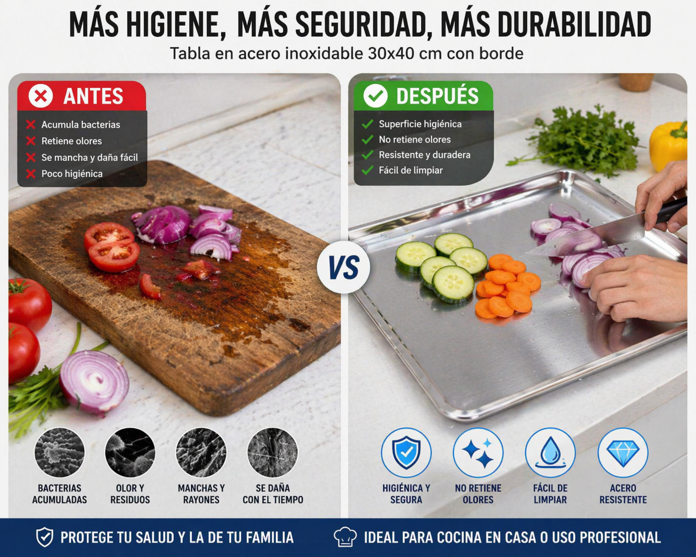 Tabla de Corte Acero Inoxidable 30x40 cm con Borde | Antibacterial, Profesional y Duradera. ENVÍO GRATIS  Envió Gratis