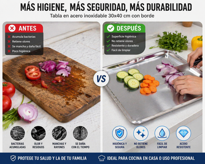 Tabla de Corte Acero Inoxidable 30x40 cm con Borde | Antibacterial, Profesional y Duradera. ENVÍO GRATIS  Envió Gratis