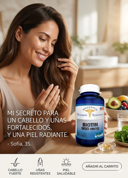 Biotina 900 mcg Millennium Natural Systems | Cabello, Piel y Uñas | 100 Cápsulas. ENVÍO GRATIS