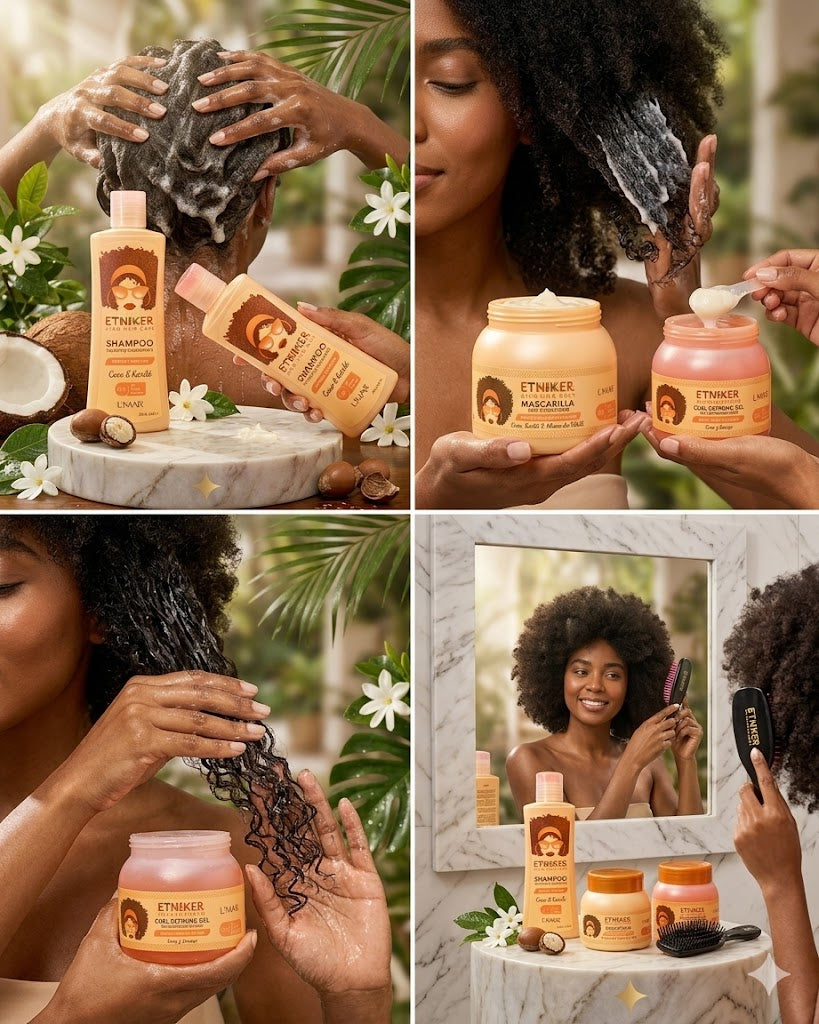 Kit Hidratación y Crecimiento Capilar Etniker | Shampoo + Mascarilla + Gel Definidor + Tratamiento para Rizos. ENVÍO GRATIS