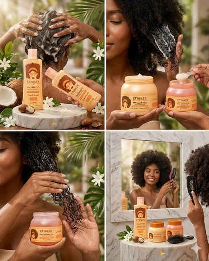 Kit Hidratación y Crecimiento Capilar Etniker | Shampoo + Mascarilla + Gel Definidor + Tratamiento para Rizos. ENVÍO GRATIS