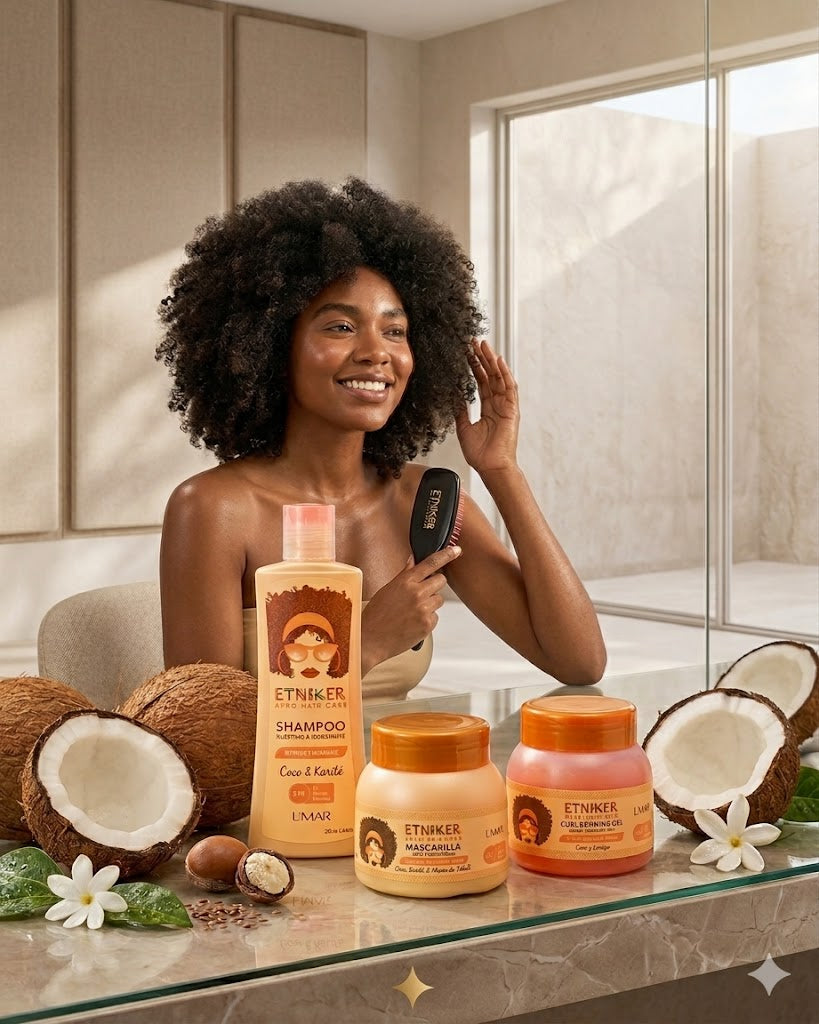 Kit Hidratación y Crecimiento Capilar Etniker | Shampoo + Mascarilla + Gel Definidor + Tratamiento para Rizos. ENVÍO GRATIS