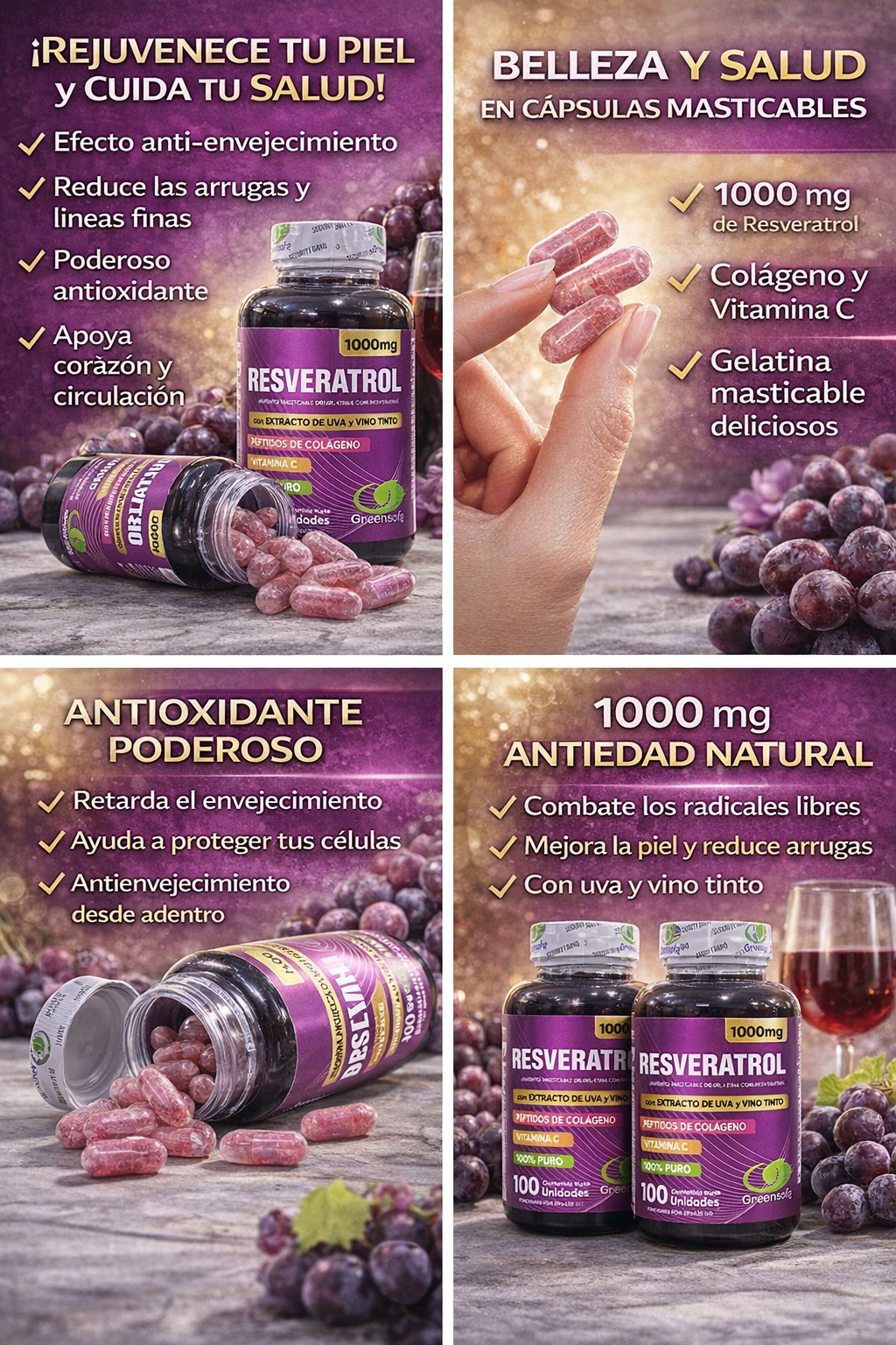 Resveratrol 1000 mg con Colágeno y Vitamina C | Antioxidante Natural | X 2 Unidades de 100 cap. C/U . ENVÍO GRATIS